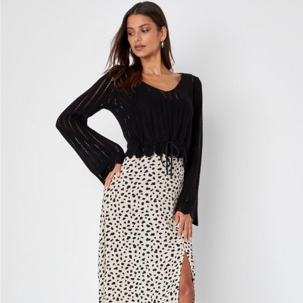 Casual Concept Black Knit Drawstring Cropped Sweater Top